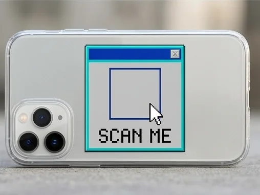 SCAN ME knock! 케이스 시안: 옛날 컴퓨터 창 속에 QR이 떠 있어요